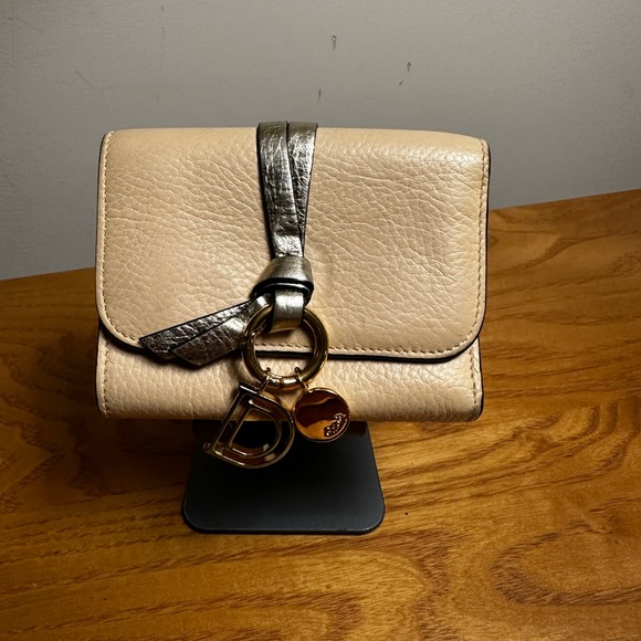 Chloe Beige & Silver Leather Compact Alphabet Compact Wallet with Gold Accents - Picture 1 of 9